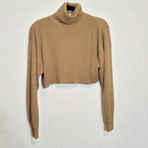 Cropped Turtleneck Sweater Tan Beige Ribbed Knit Long Sleeve